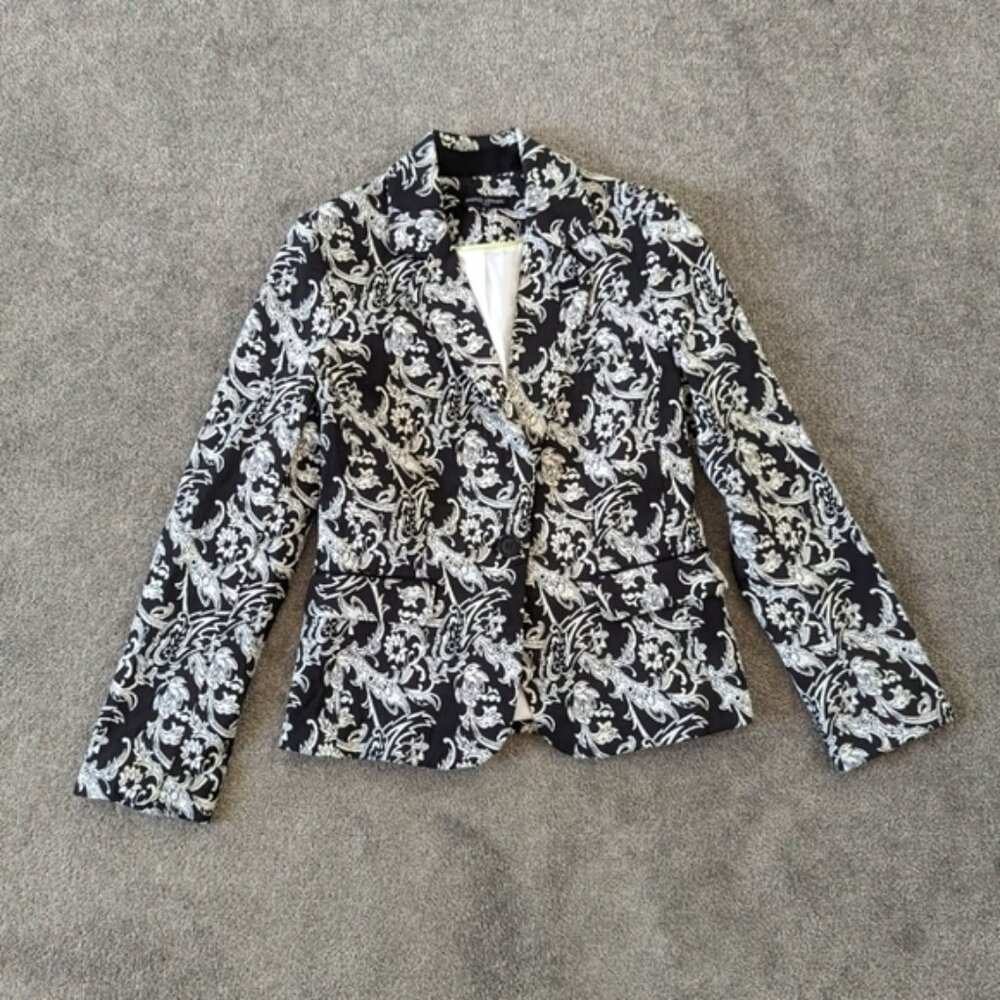 Mario Serrani Italy Women's Blazer Size 6 Suit Jacket Black White Jacquard